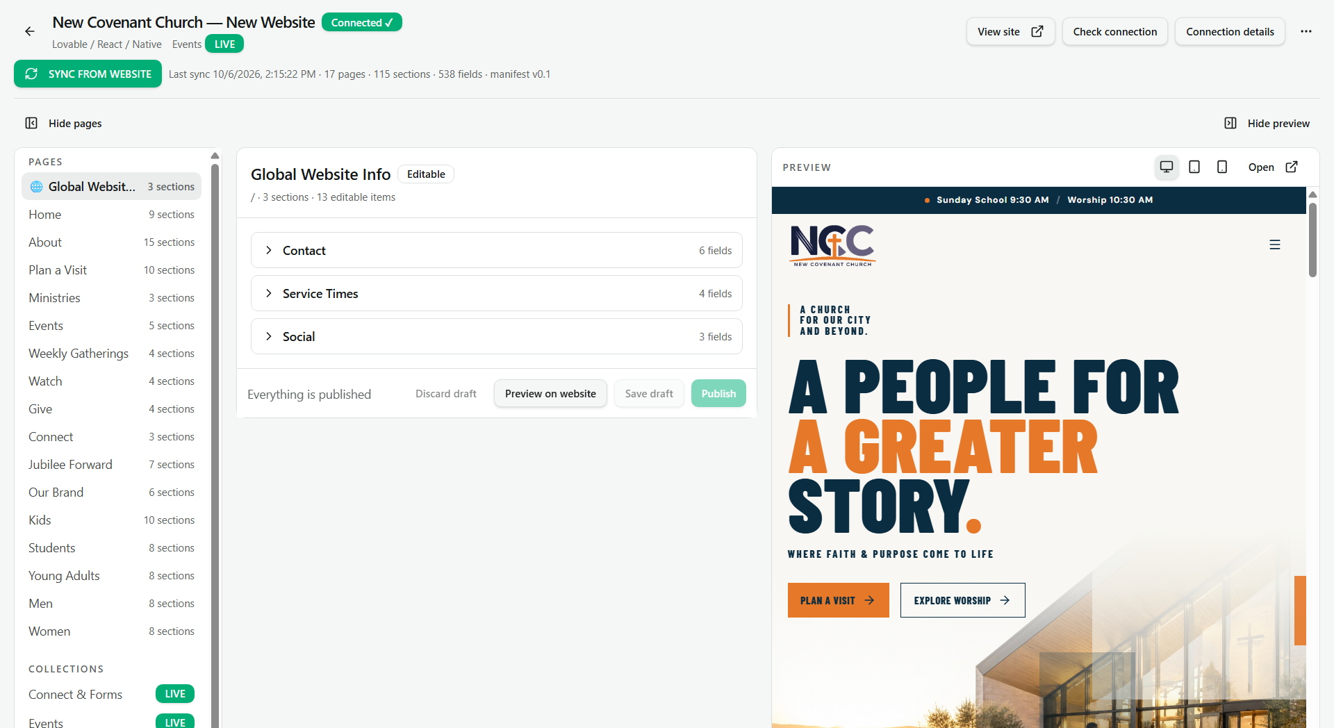 Piggyback Website Manager V2 with page navigation, sections, live preview, Sync From Website and publish controls